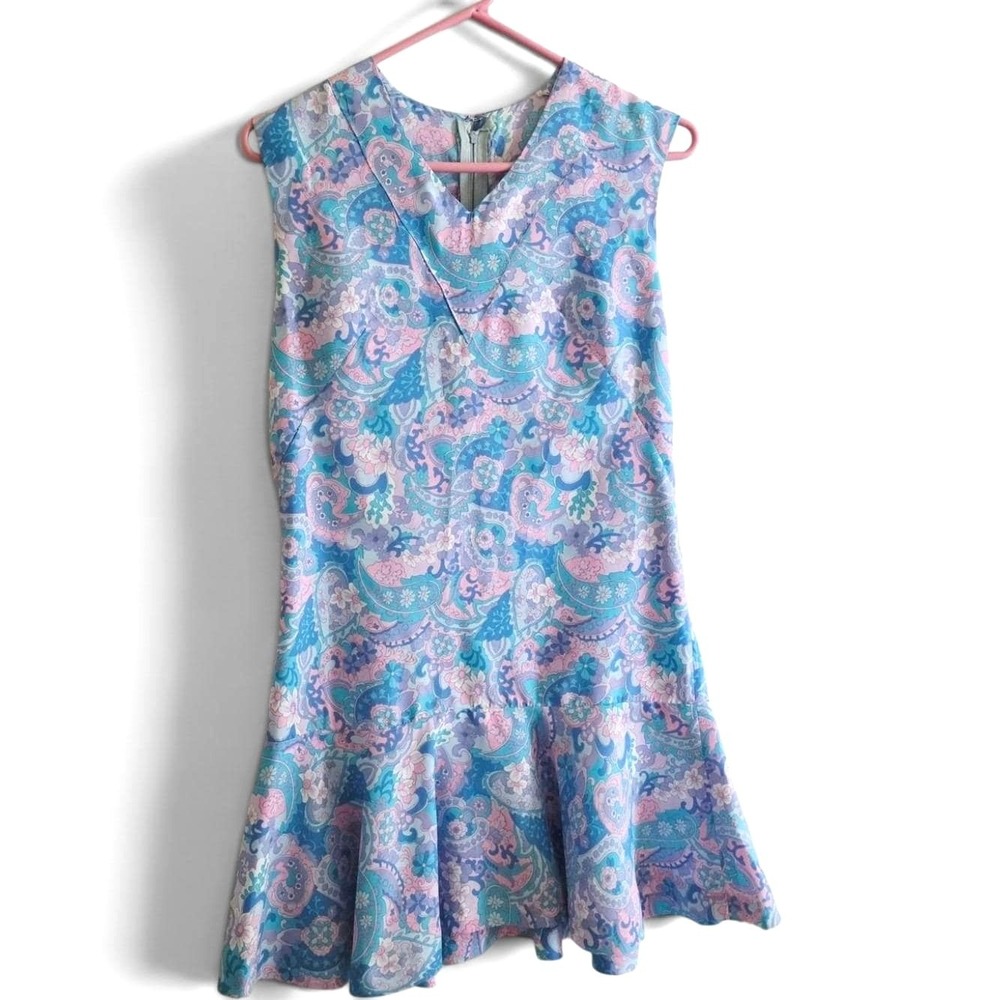 Vintage 1960s Handmade Drop Waist Paisley Dress Blue Pink XS 2-4 Cottagecore